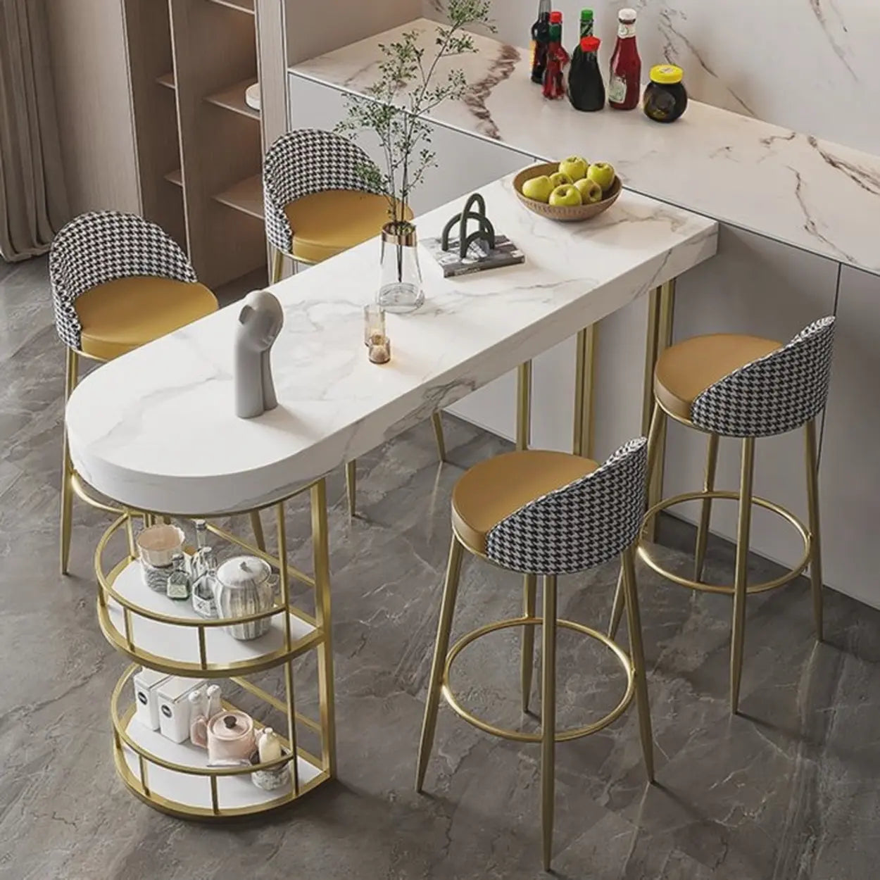 Marble and Gold Kitchen Island Table with Storage — Table Only