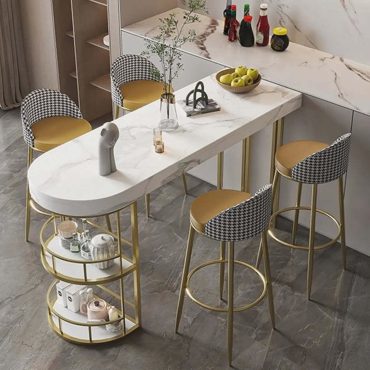 Marble and Gold Kitchen Island Table with Storage — Table Only