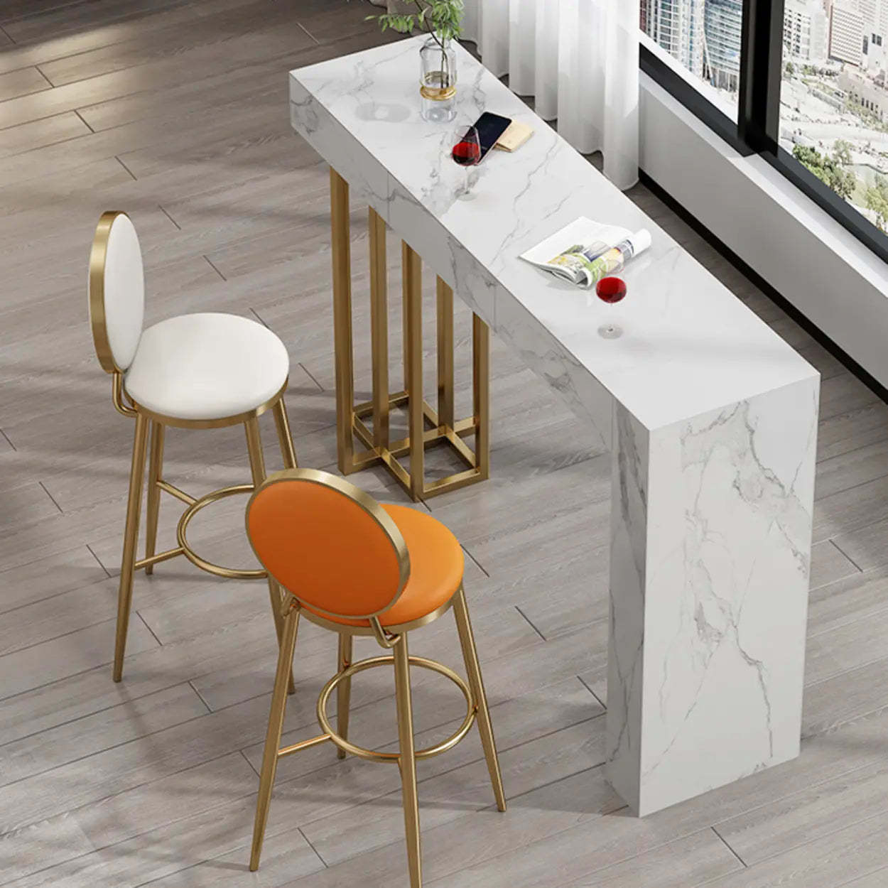 Modern Marble L-Shaped Bar Table with Drawers — White / Table Only