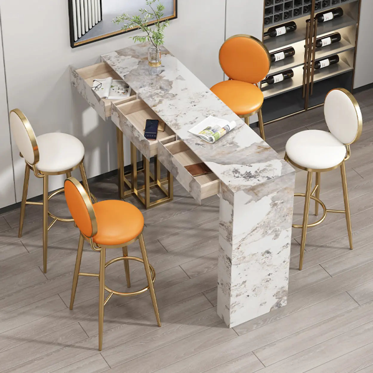 Modern Marble L-Shaped Bar Table with Drawers — White / Table Only
