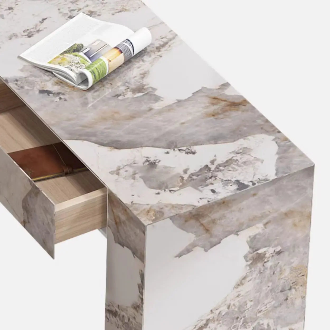 Modern Marble L-Shaped Bar Table with Drawers — White / Table Only
