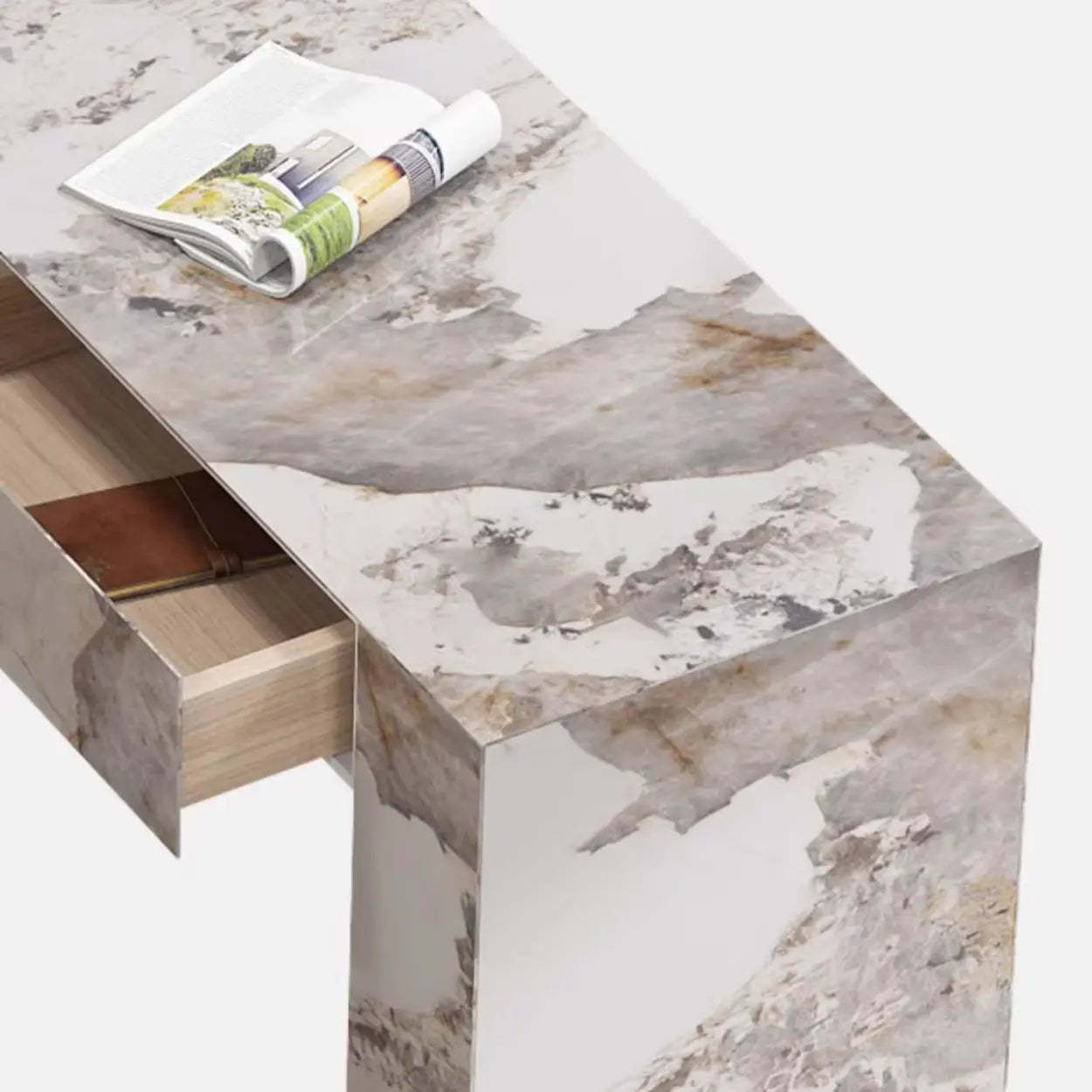 Modern Marble L-Shaped Bar Table with Drawers — White / Table Only