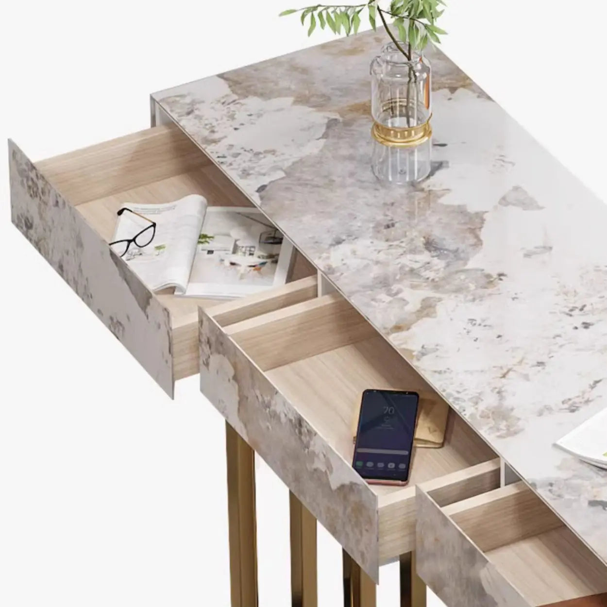 Modern Marble L-Shaped Bar Table with Drawers — Grey / Table Only