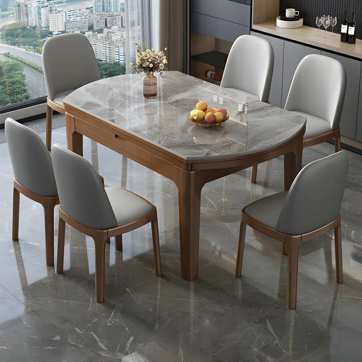 Gray Modern Marble Rectangular Extendable Dining Table — Table Only