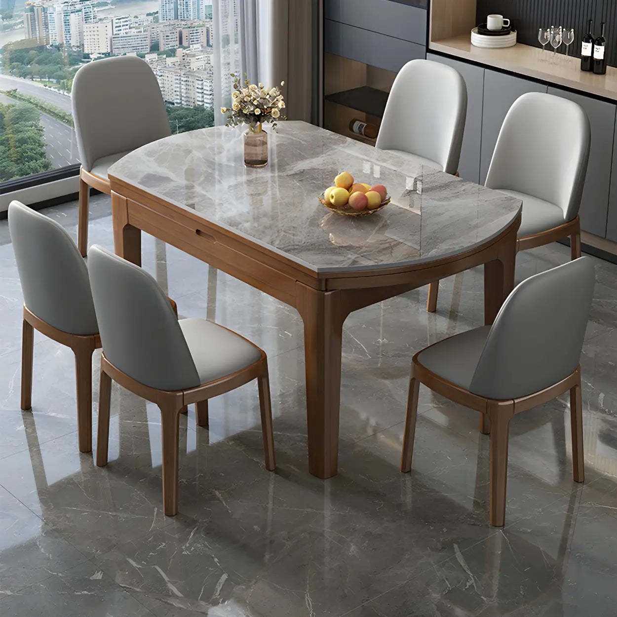 Gray Modern Marble Rectangular Extendable Dining Table — Table Only
