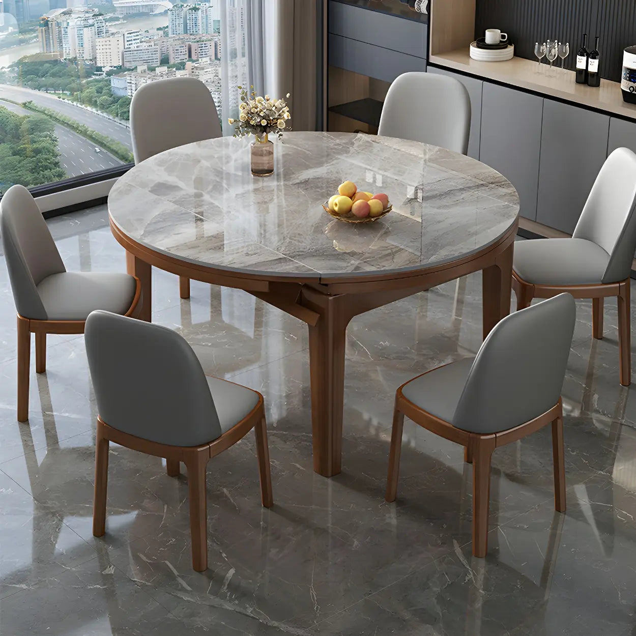 Gray Modern Marble Rectangular Extendable Dining Table — Table Only