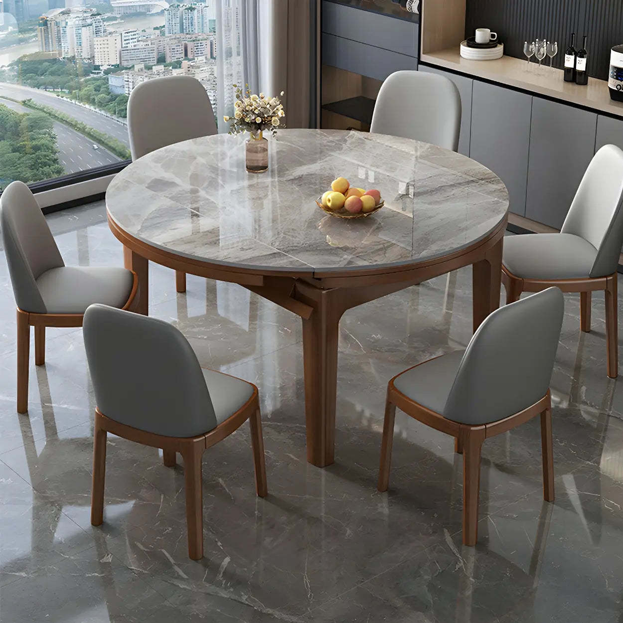 Gray Modern Marble Rectangular Extendable Dining Table — Table Only