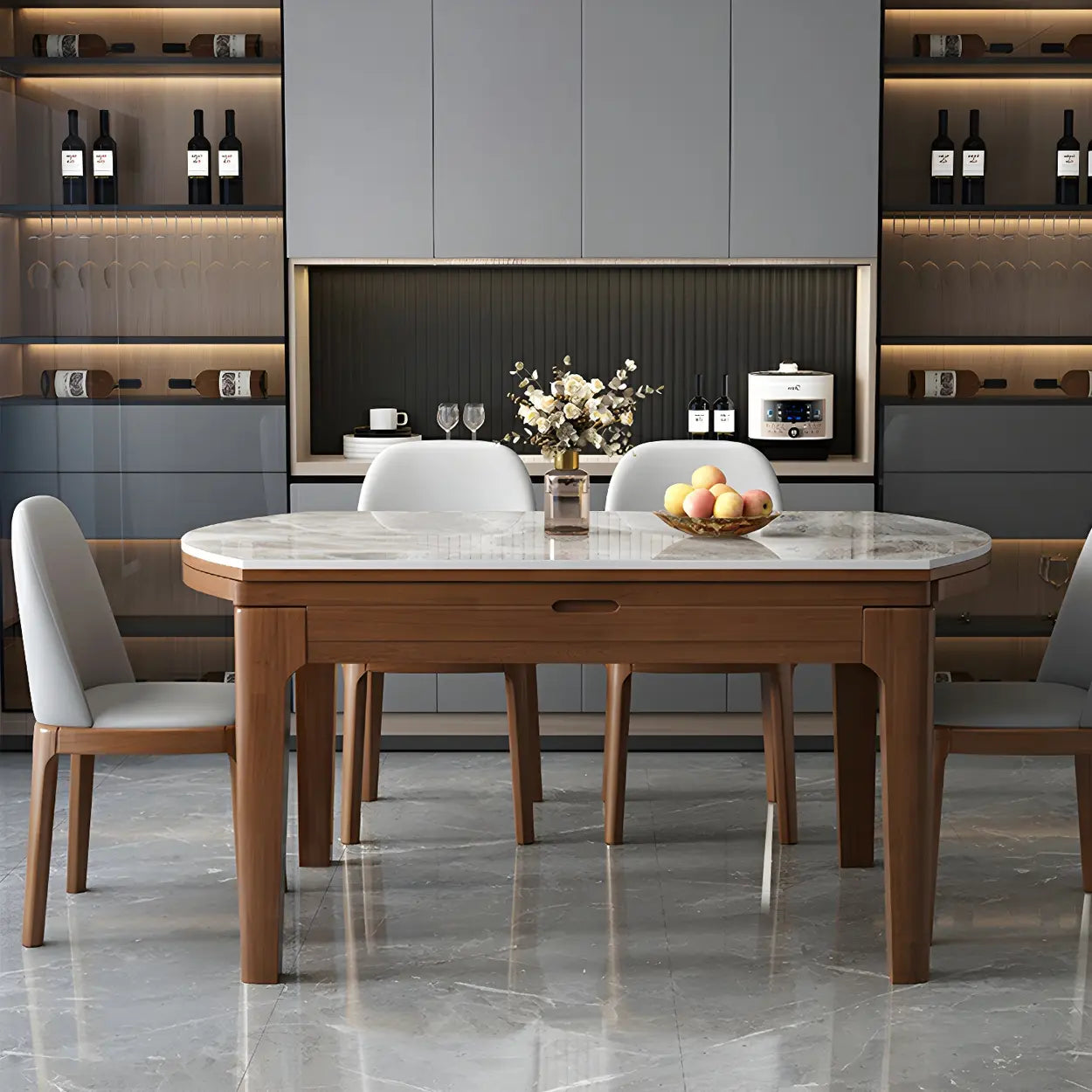 Gray Modern Marble Rectangular Extendable Dining Table