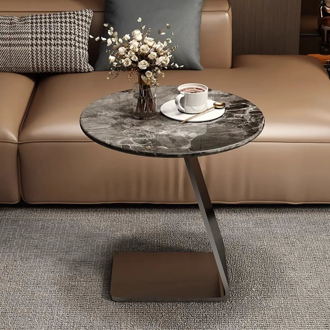Modern Marble-Top C Side Table with Metal Base — White