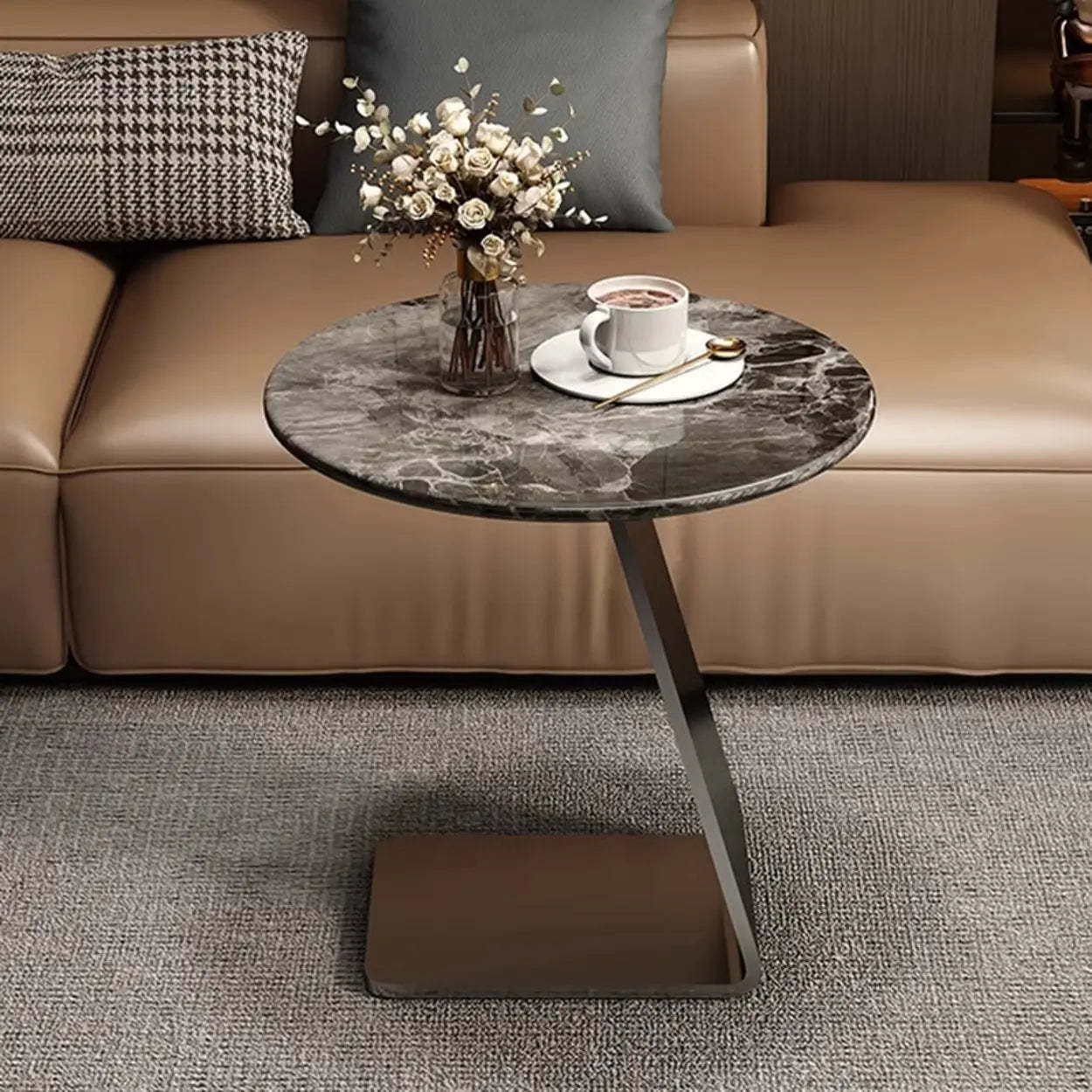 Modern Marble-Top C Side Table with Metal Base — White