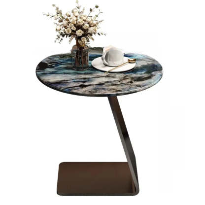 Modern Marble-Top C Side Table with Metal Base — Grey