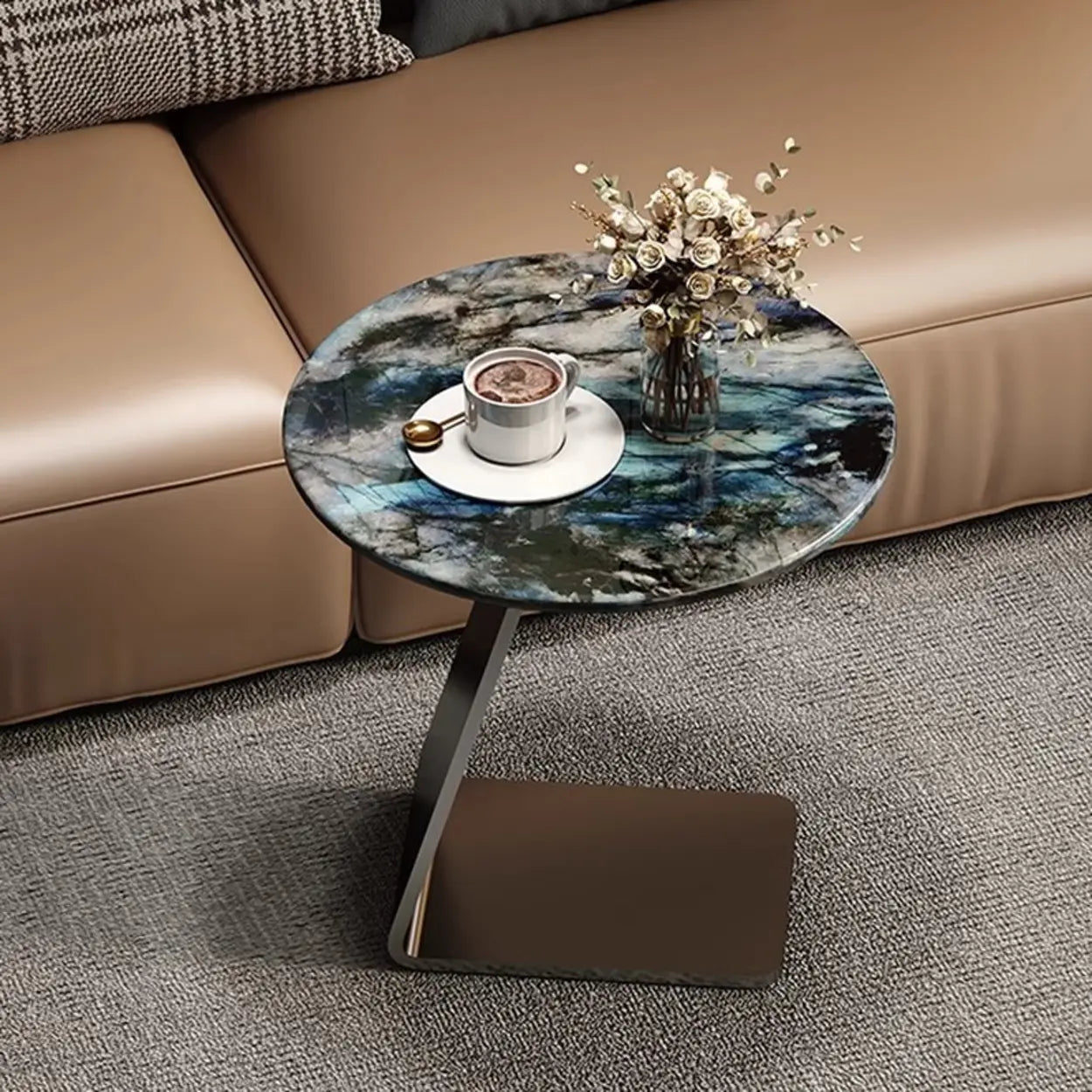 Modern Marble-Top C Side Table with Metal Base — White