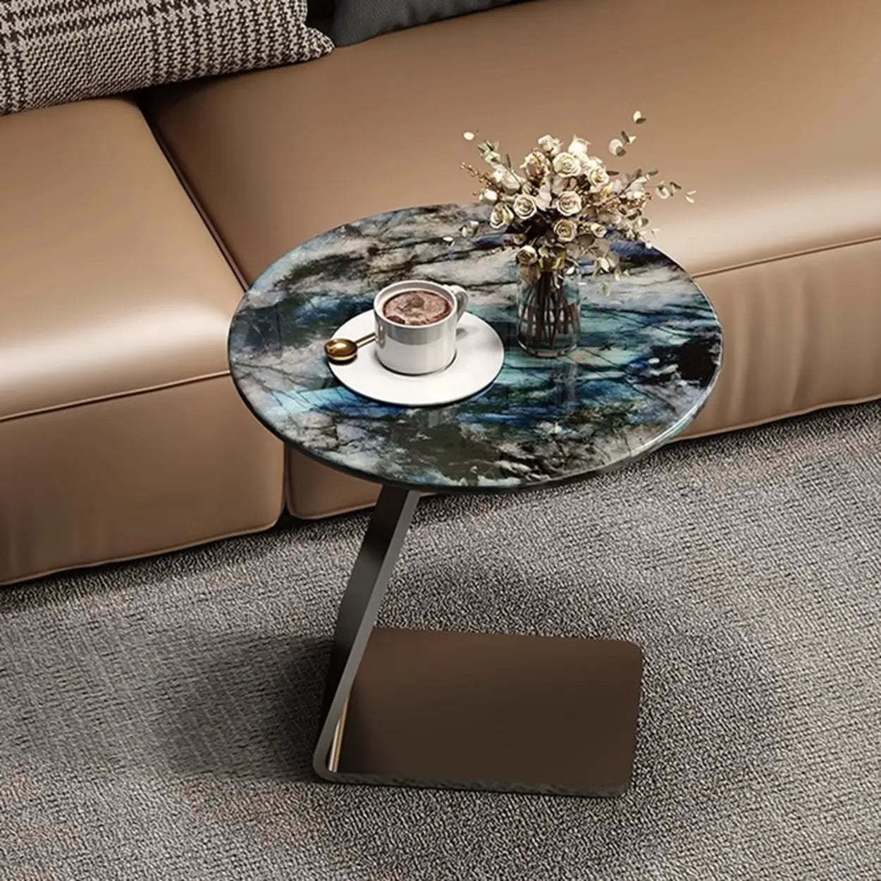 Modern Marble-Top C Side Table with Metal Base — White
