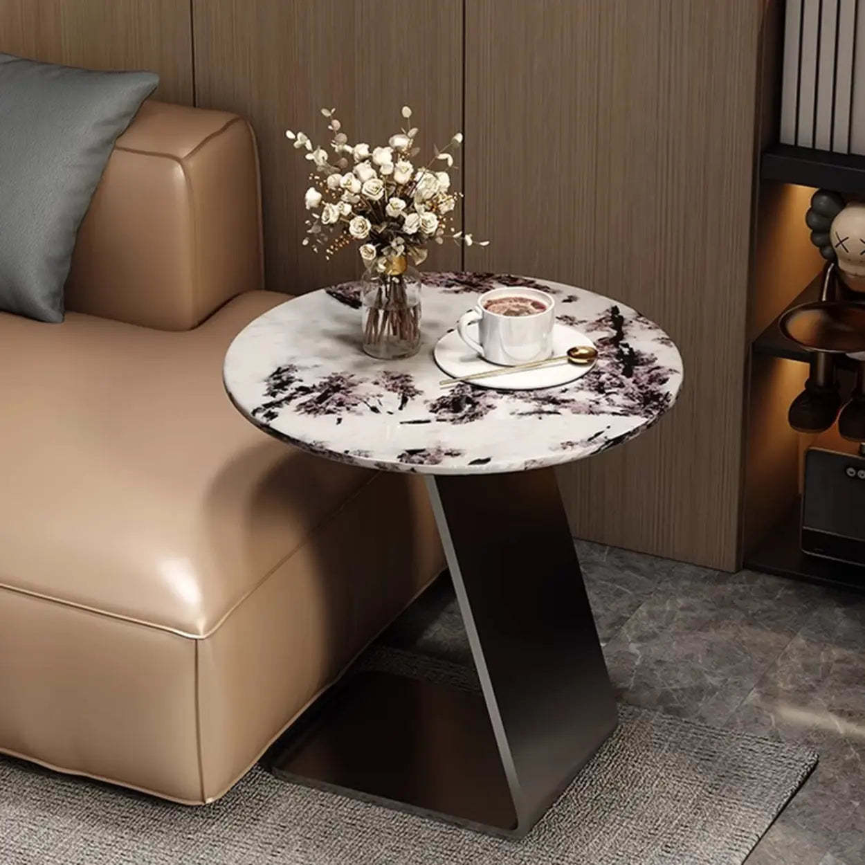 Modern Marble-Top C Side Table with Metal Base — Grey