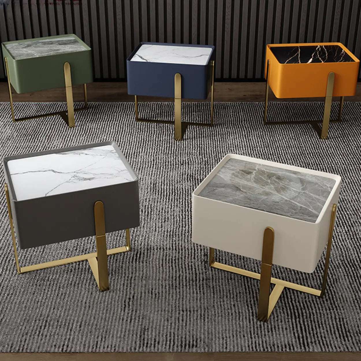 Modern Marble Top Gold Leg Nightstand with Drawers