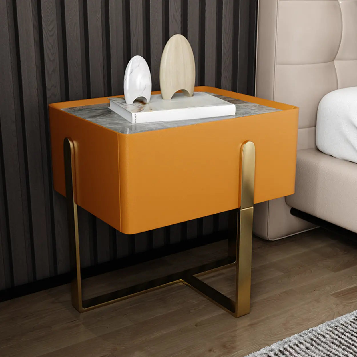 Modern Marble Top Gold Leg Nightstand with Drawers — Green