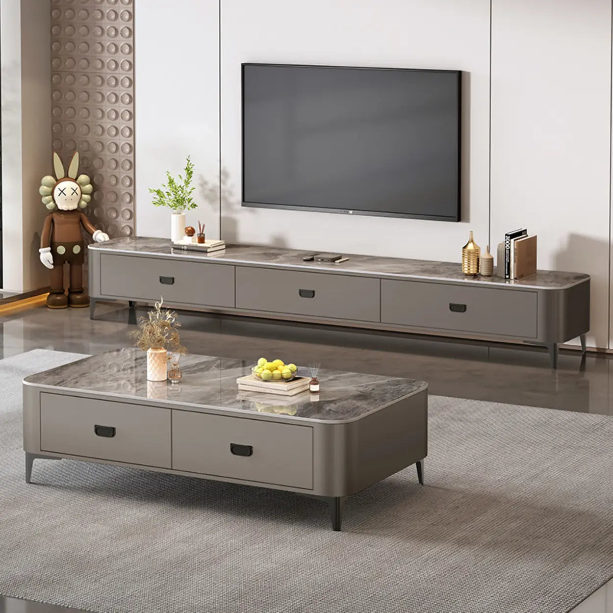 Modern Marble Top Gray TV Stand with Drawers