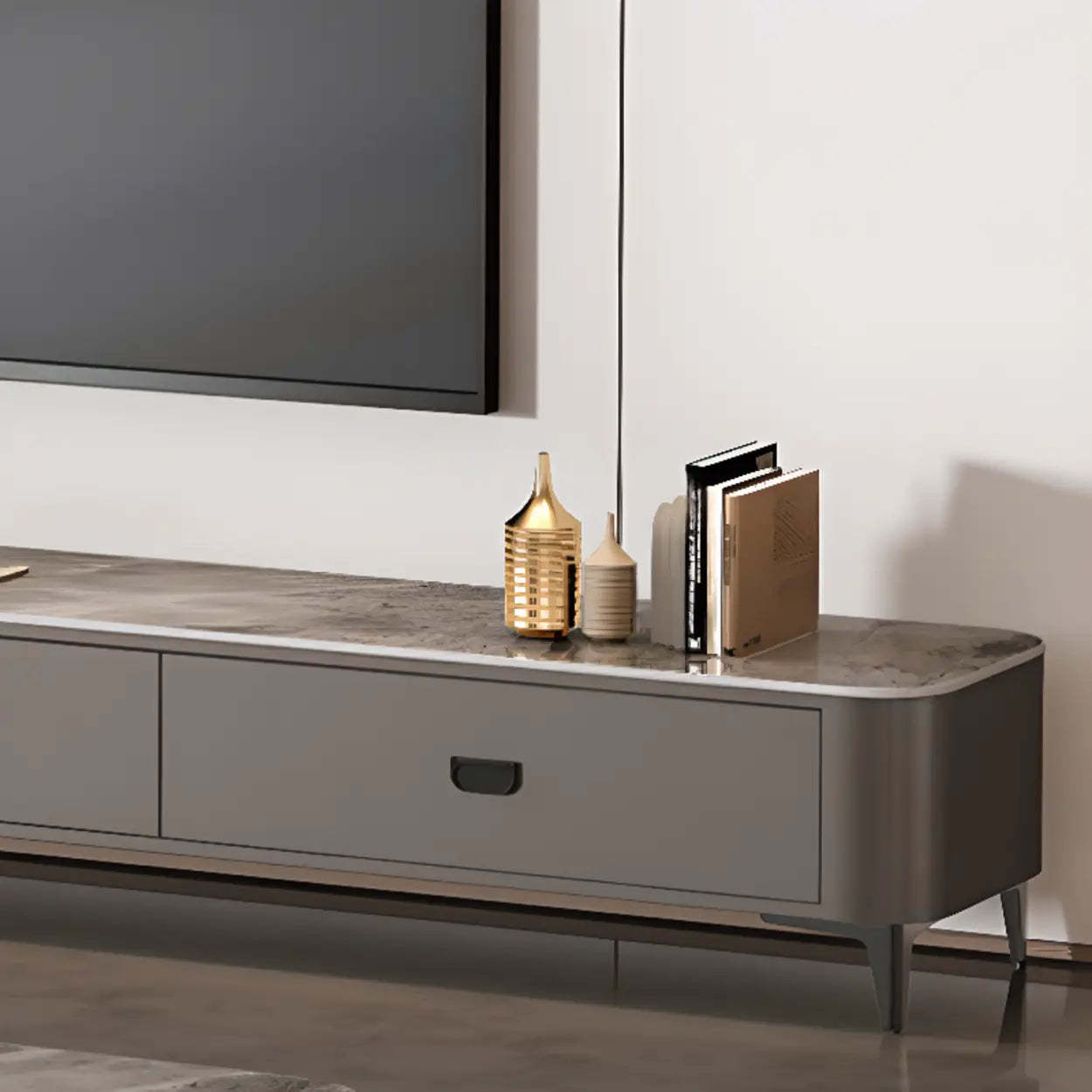 Modern Marble Top Gray TV Stand with Drawers — Gray & White