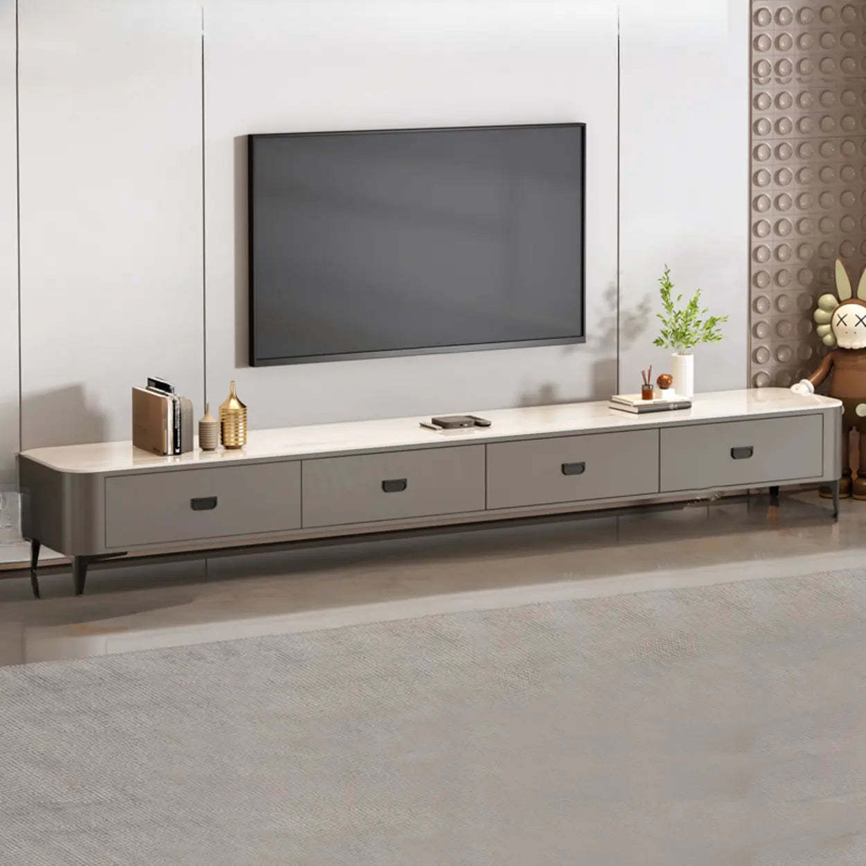 Modern Marble Top Gray TV Stand with Drawers — Gray & White