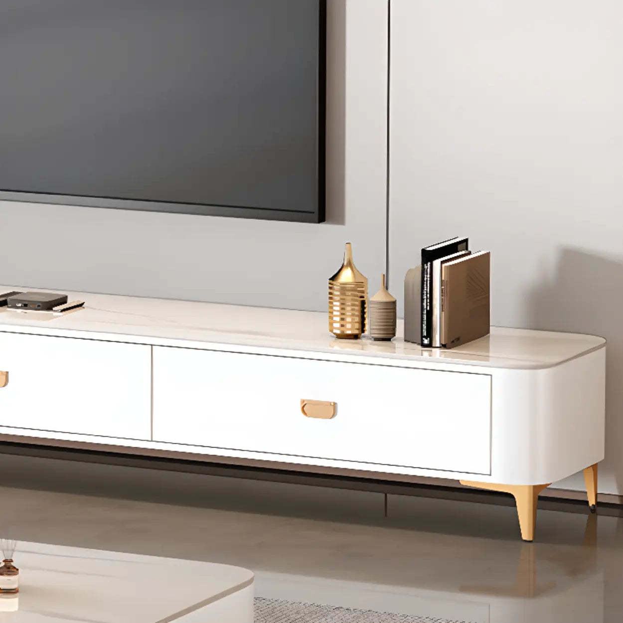 Modern Marble Top Gray TV Stand with Drawers — Gray & White