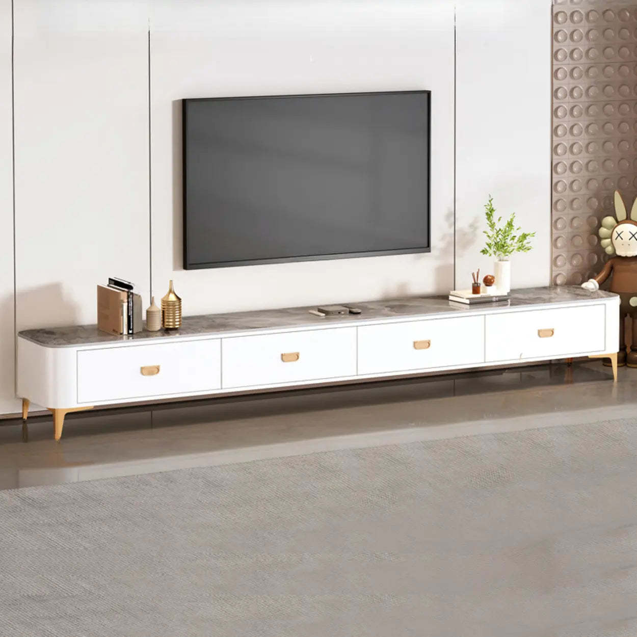 Modern Marble Top Gray TV Stand with Drawers — Grey