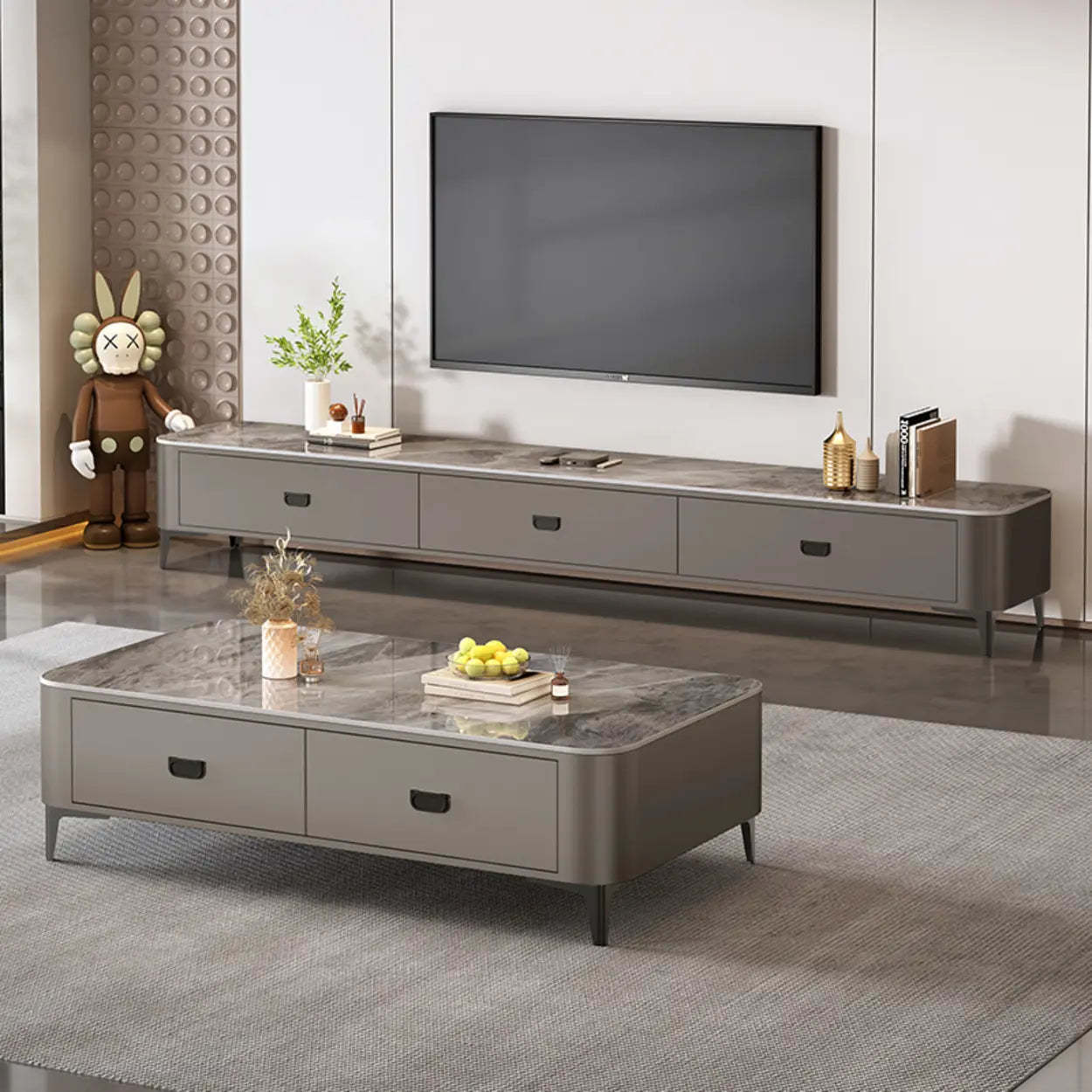 Modern Marble Top Gray TV Stand with Drawers — White