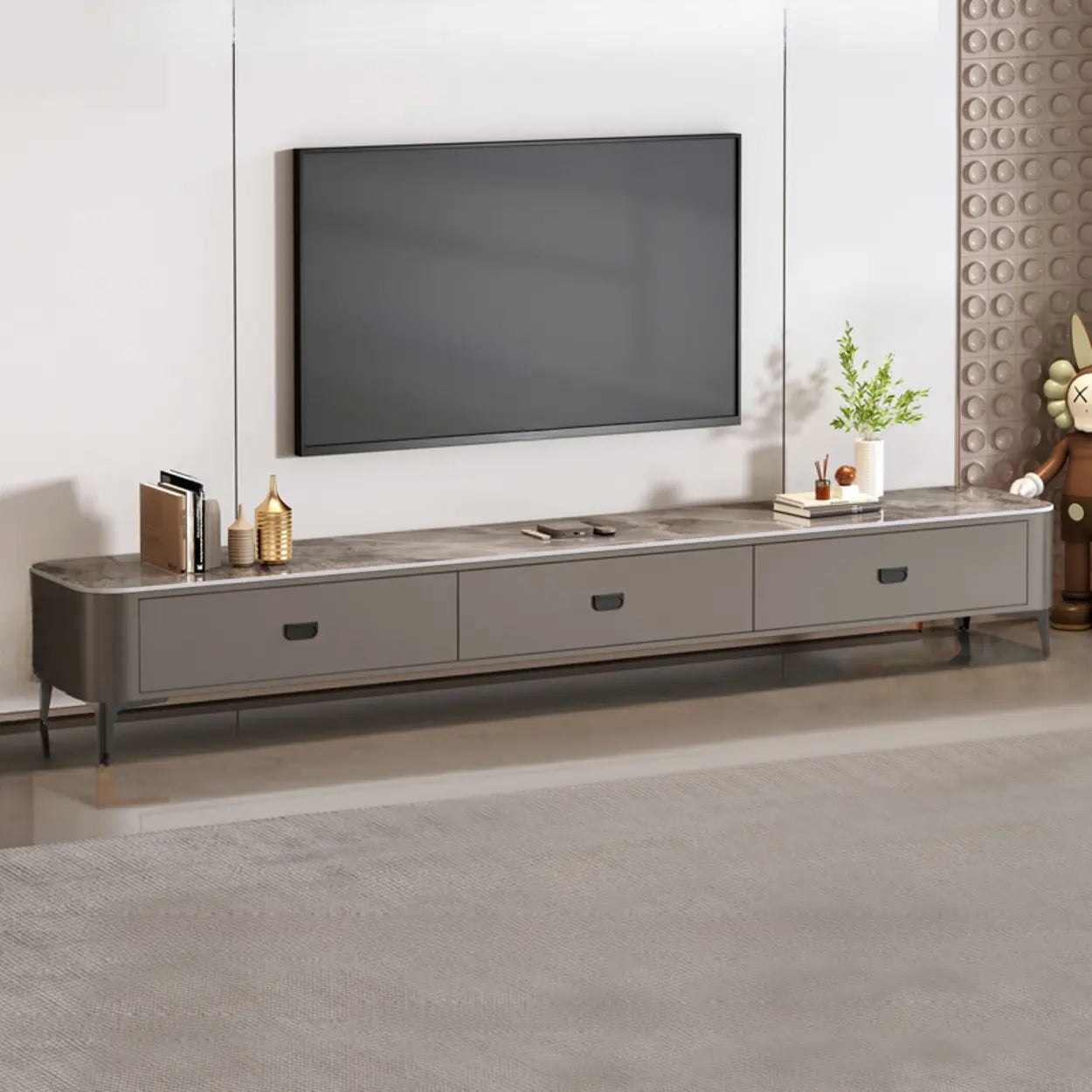 Modern Marble Top Gray TV Stand with Drawers — White