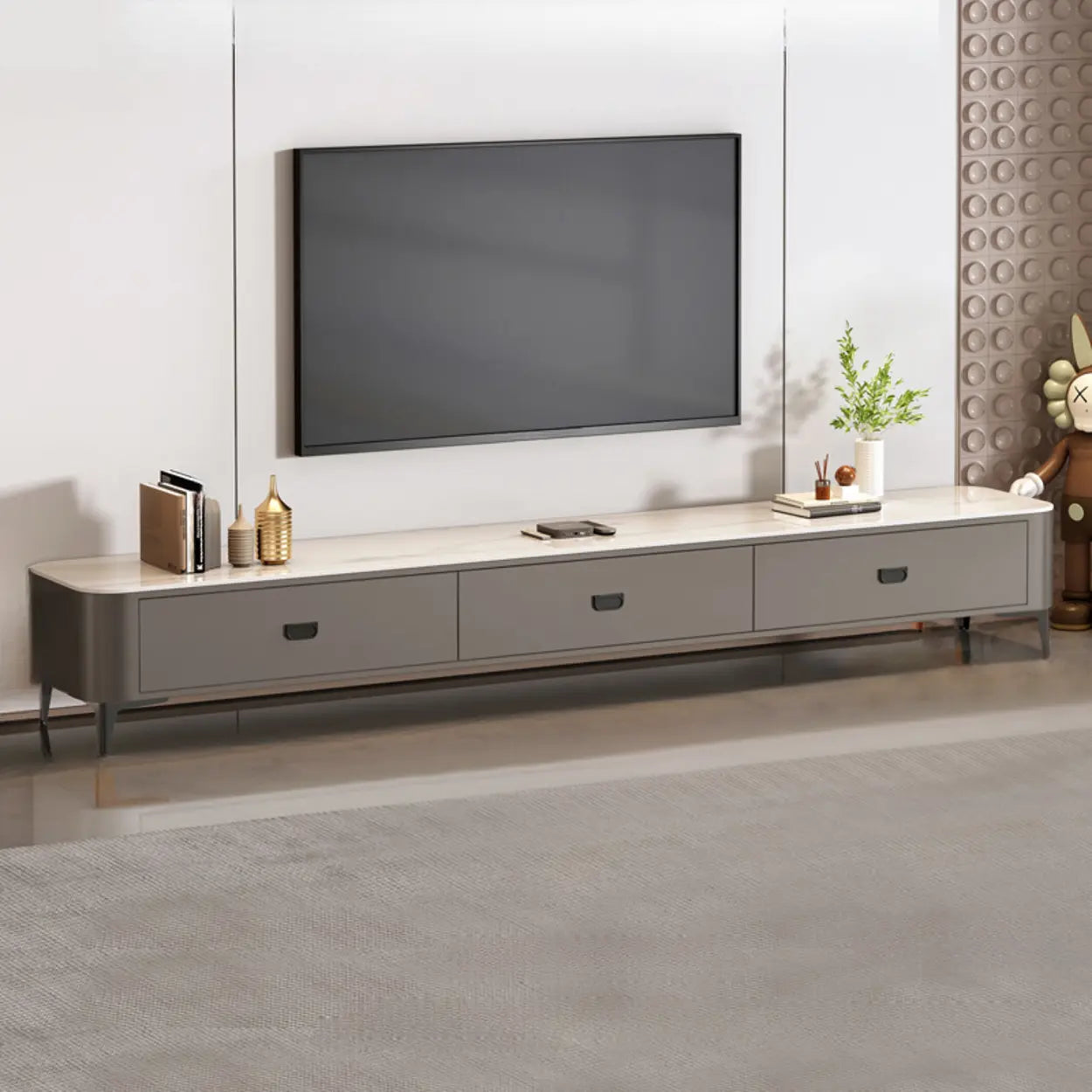 Modern Marble Top Gray TV Stand with Drawers — White