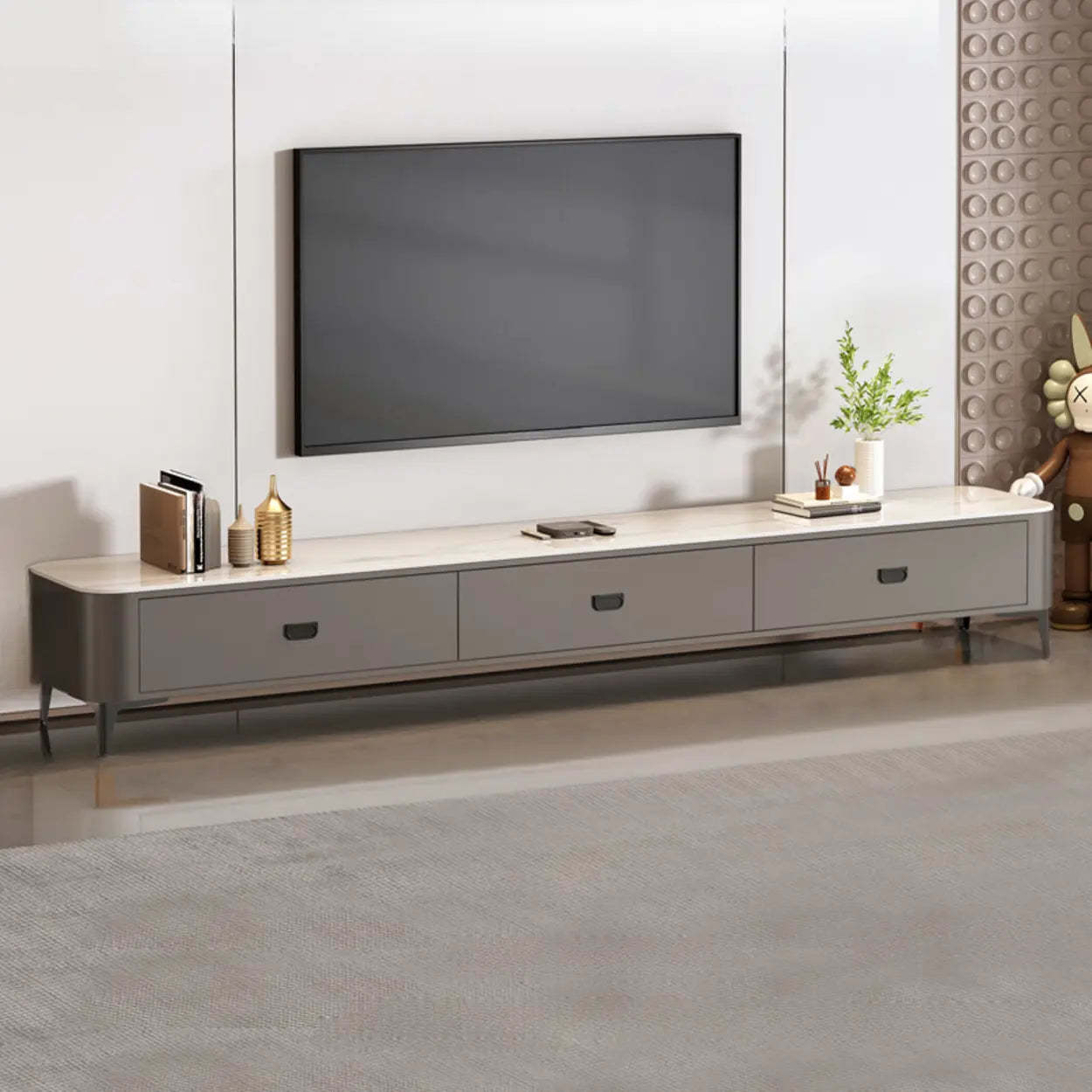 Lighom modern drawers top marble tv stands — 63"L x 12"W x 15"H / White & Gray