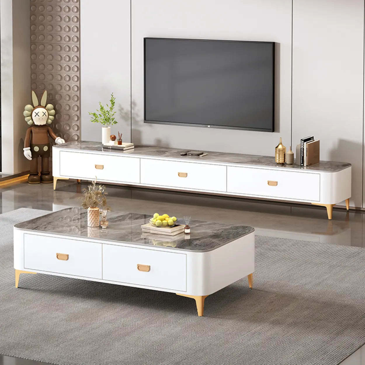 Modern Marble Top Gray TV Stand with Drawers — White