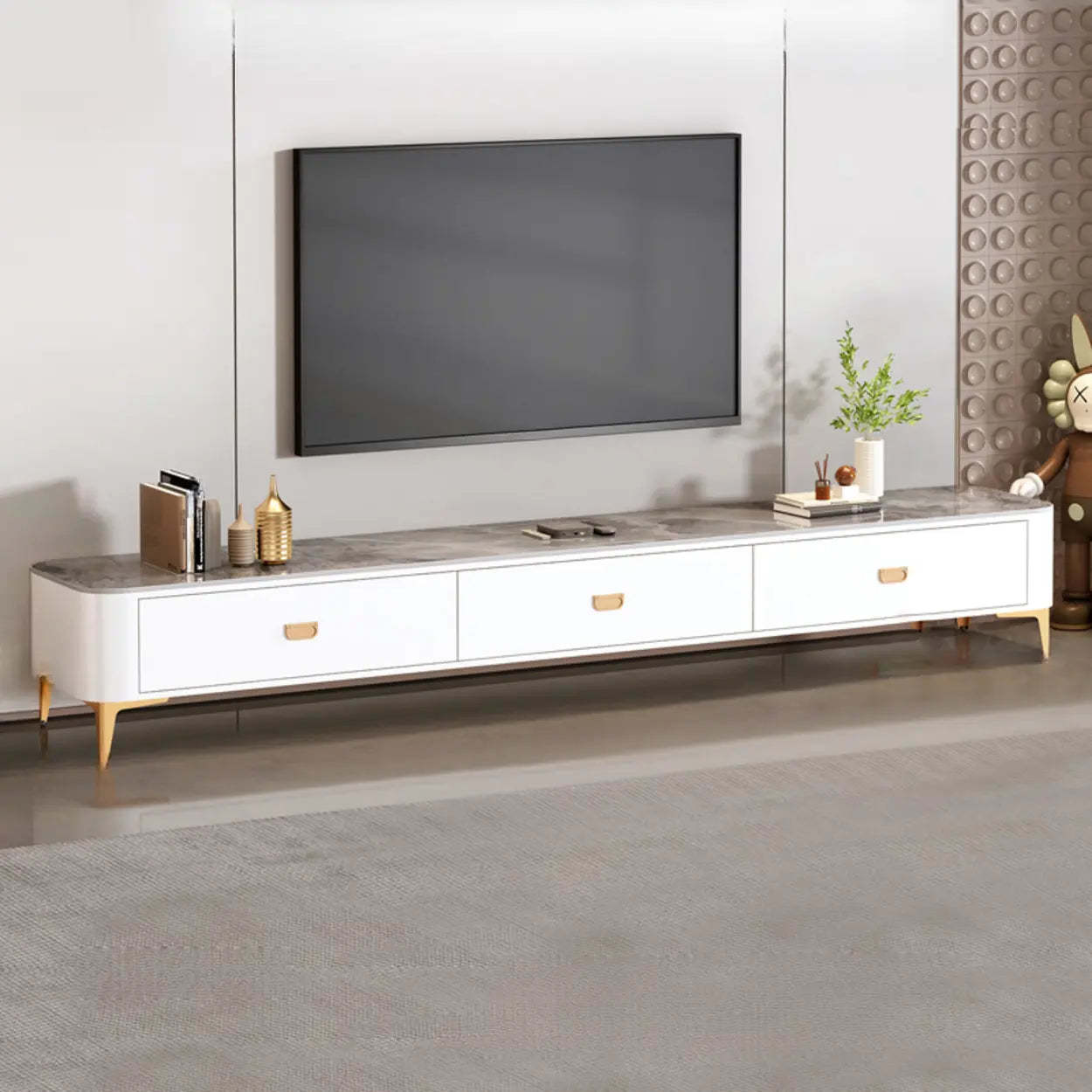 Modern Marble Top Gray TV Stand with Drawers — White-Gray