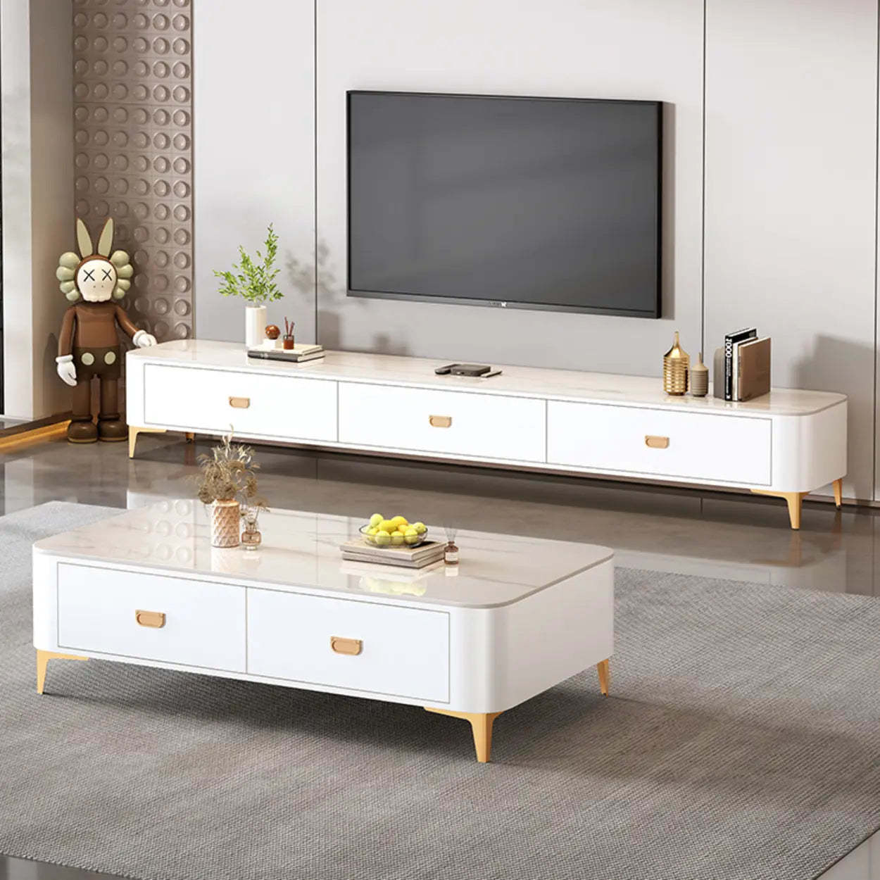 Modern Marble Top Gray TV Stand with Drawers — White-Gray