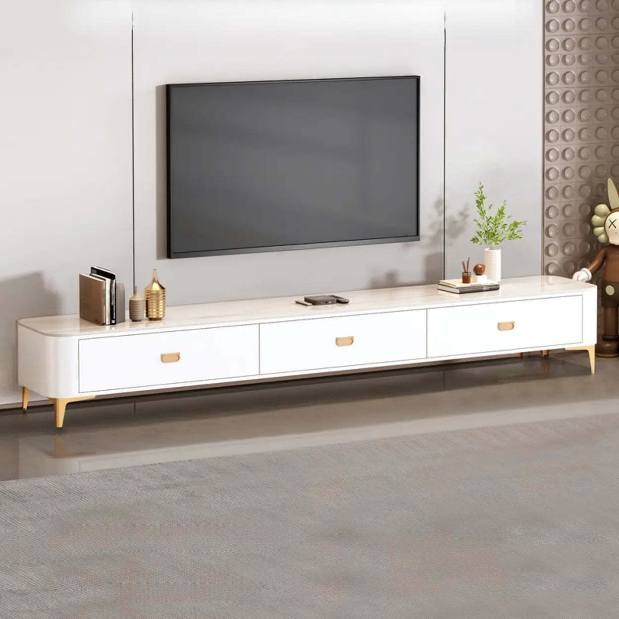Modern Marble Top Gray TV Stand with Drawers — White-Gray