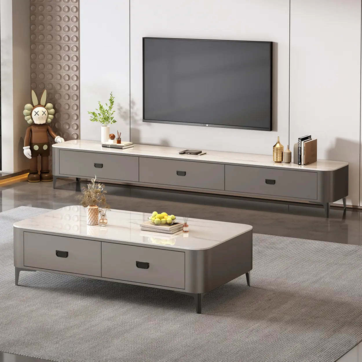 Modern Marble Top Gray TV Stand with Drawers — White-Gray