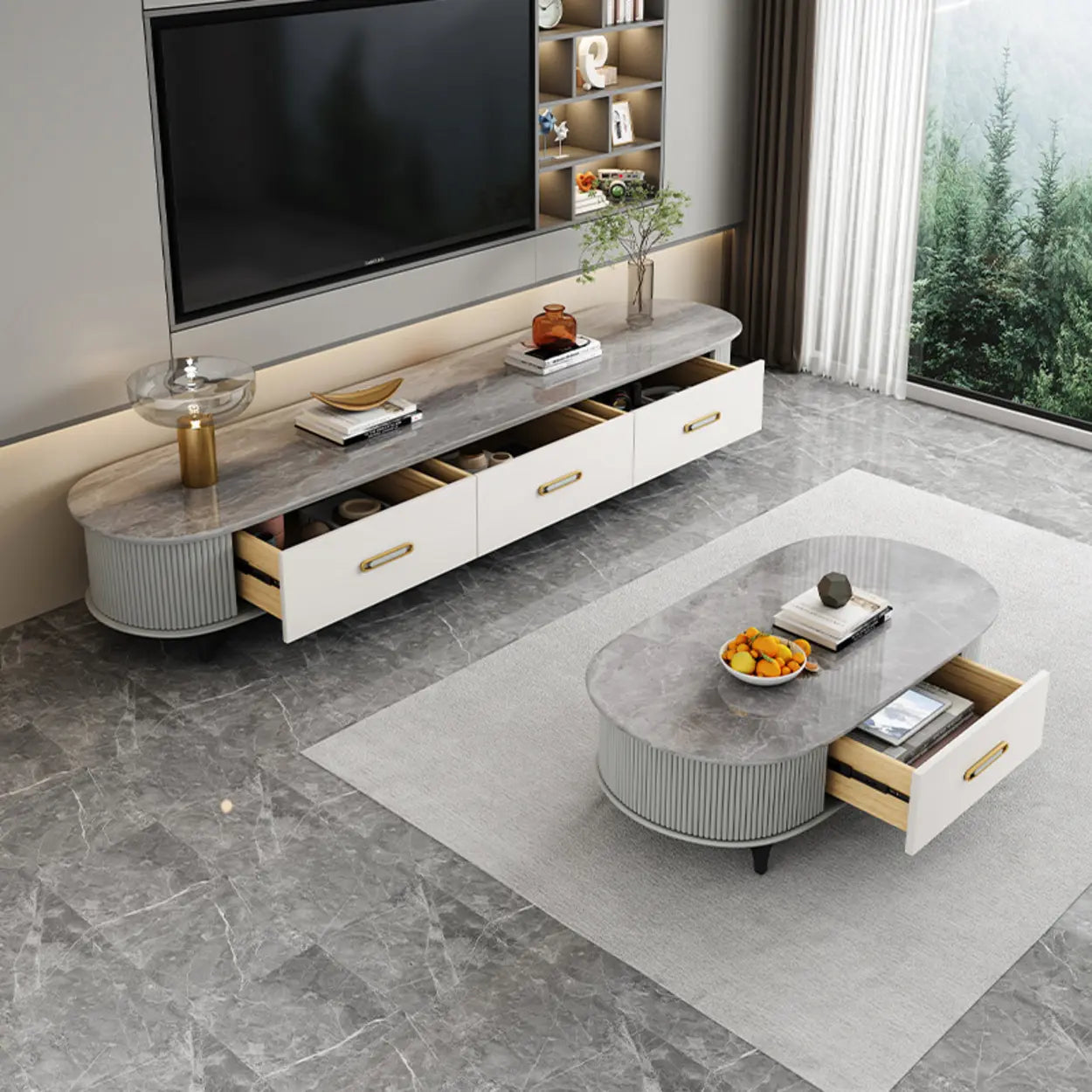 Modern Marble Top Oval TV Stand with Drawers