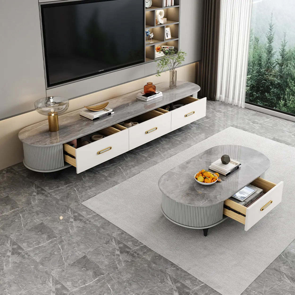 Modern Marble Top Oval TV Stand with Drawers — White
