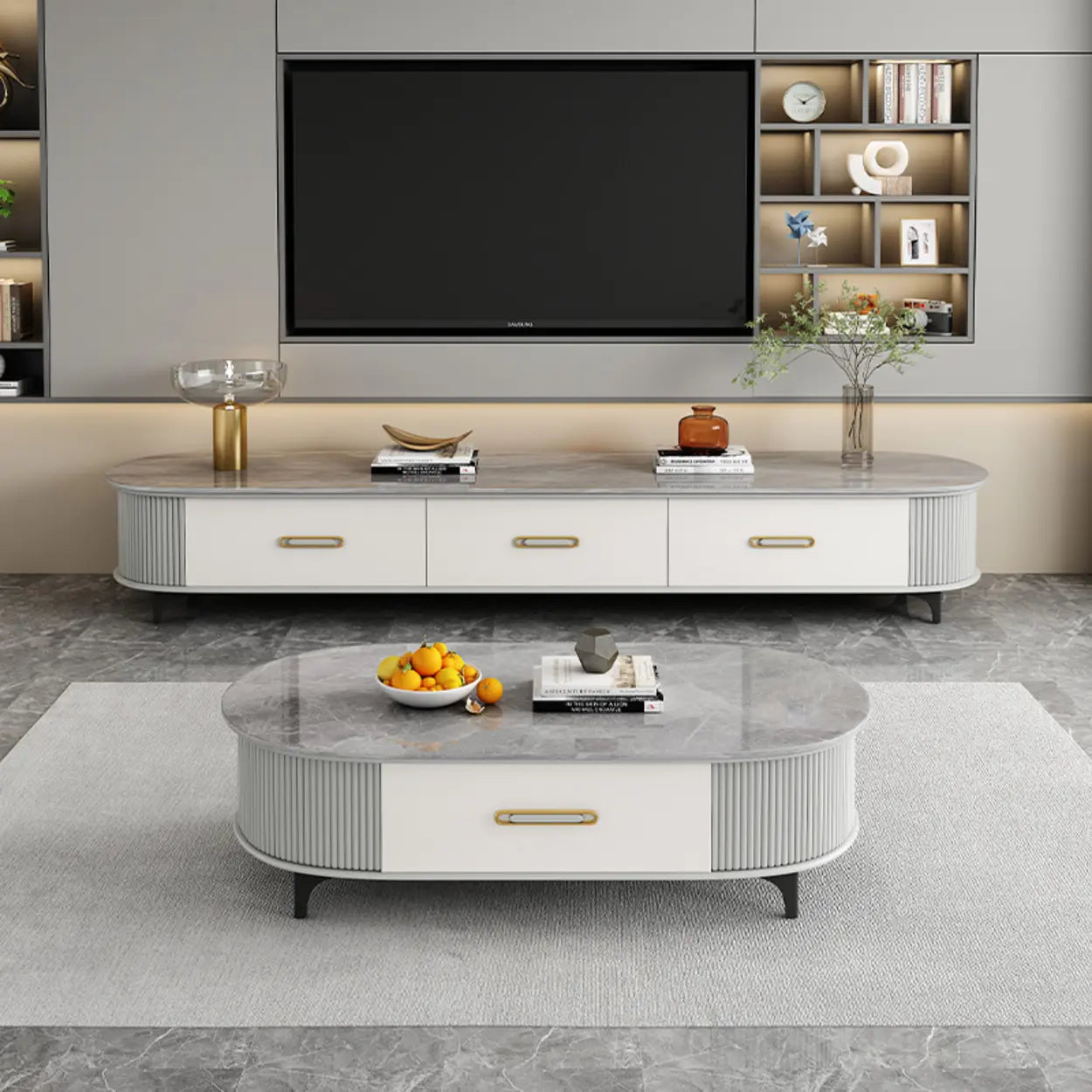Modern Marble Top Oval TV Stand with Drawers — Gray-White