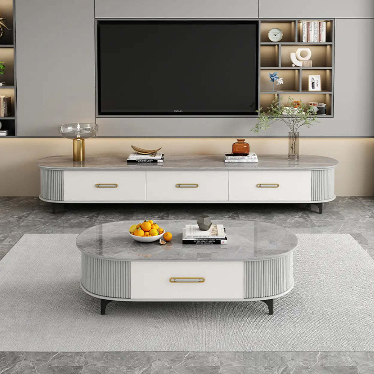 Modern Marble Top Oval TV Stand with Drawers — Gray-White
