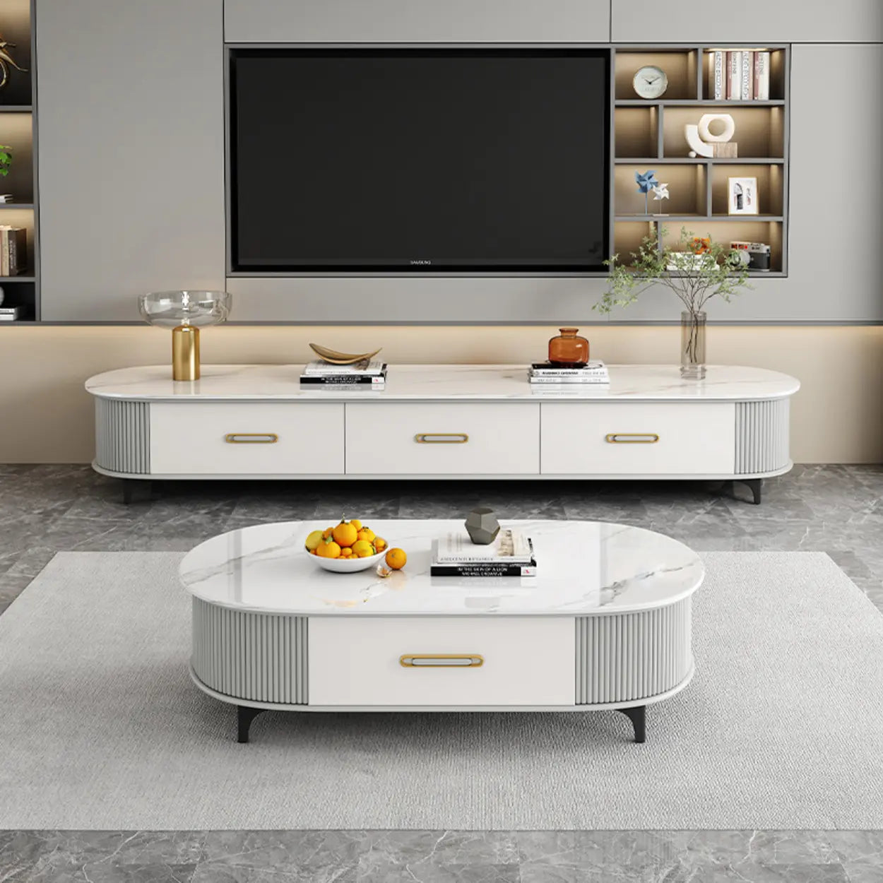 Modern Marble Top Oval TV Stand with Drawers — White