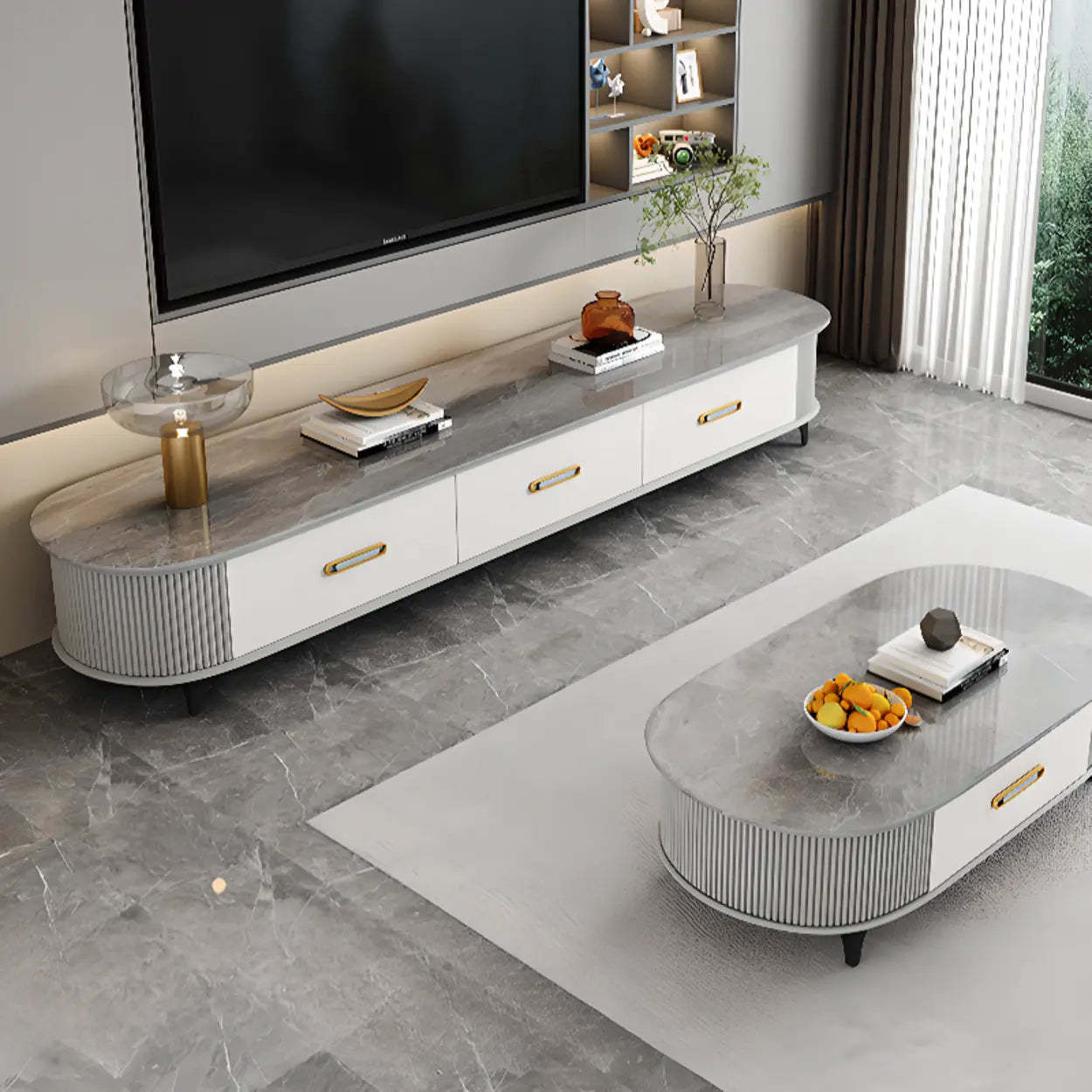 Modern Marble Top Oval TV Stand with Drawers — Gray-White