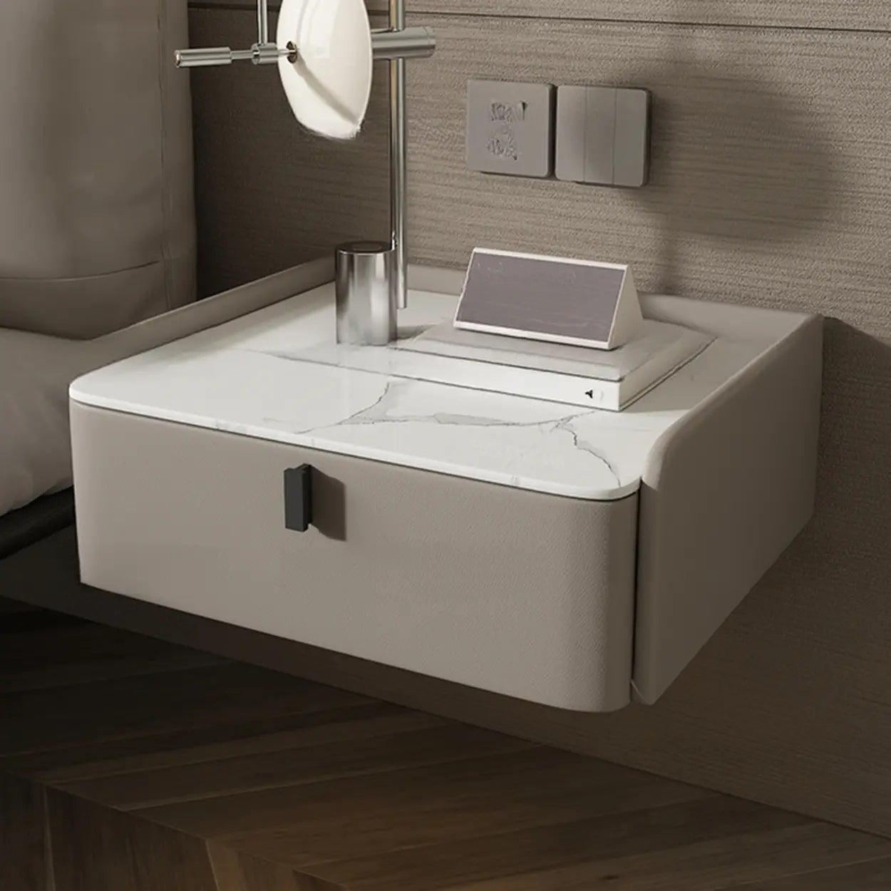 Modern Marble Top Wall-Mounted Nightstand — Light Coffee