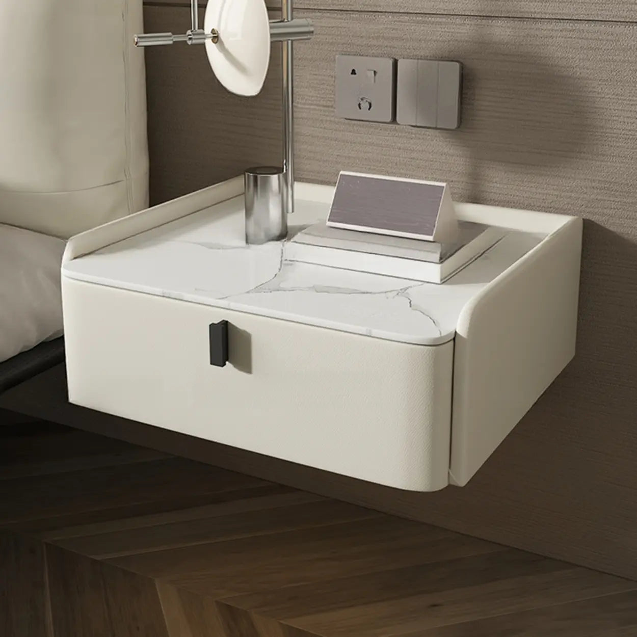 Modern Marble Top Wall-Mounted Nightstand — Off-White