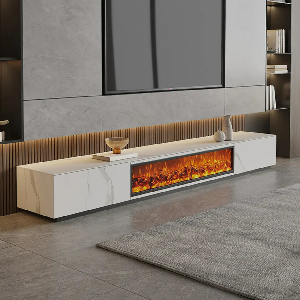 Modern Marble TV Stand Fireplace with Drawers