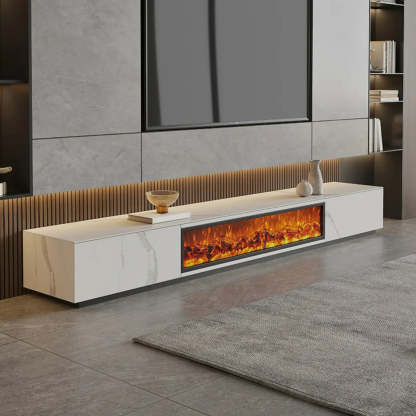 Modern Marble TV Stand Fireplace with Drawers — Black
