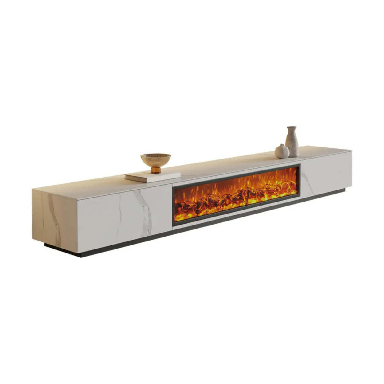 Modern Marble TV Stand Fireplace with Drawers — Black