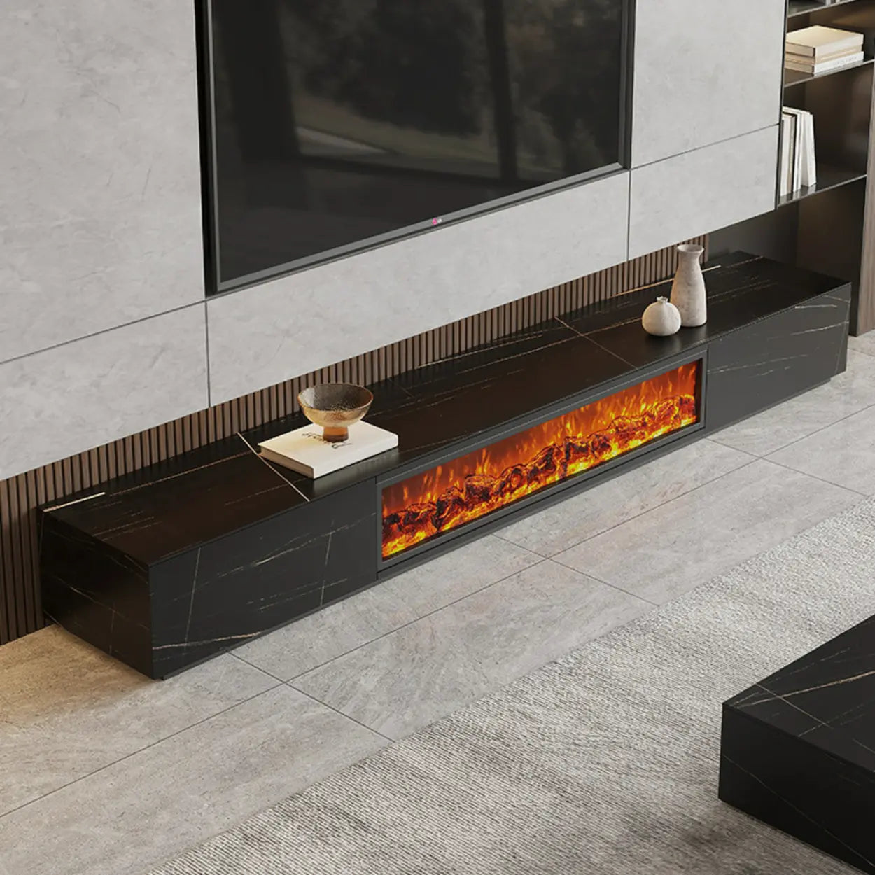Modern Marble TV Stand Fireplace with Drawers — White