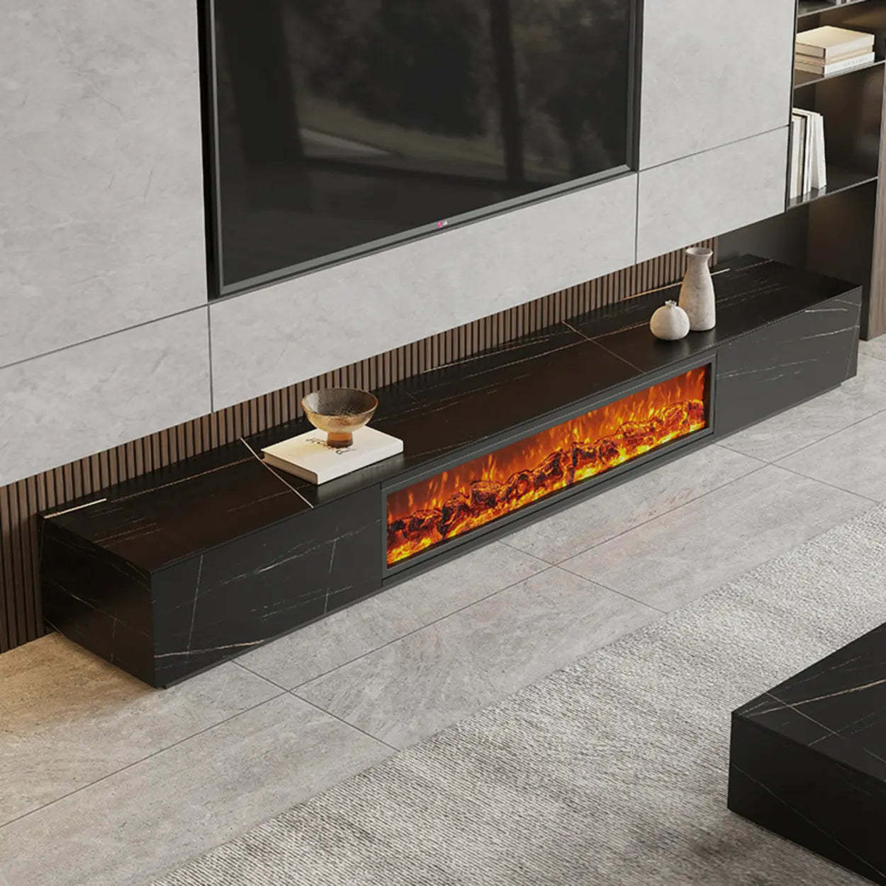 Modern Marble TV Stand Fireplace with Drawers — White