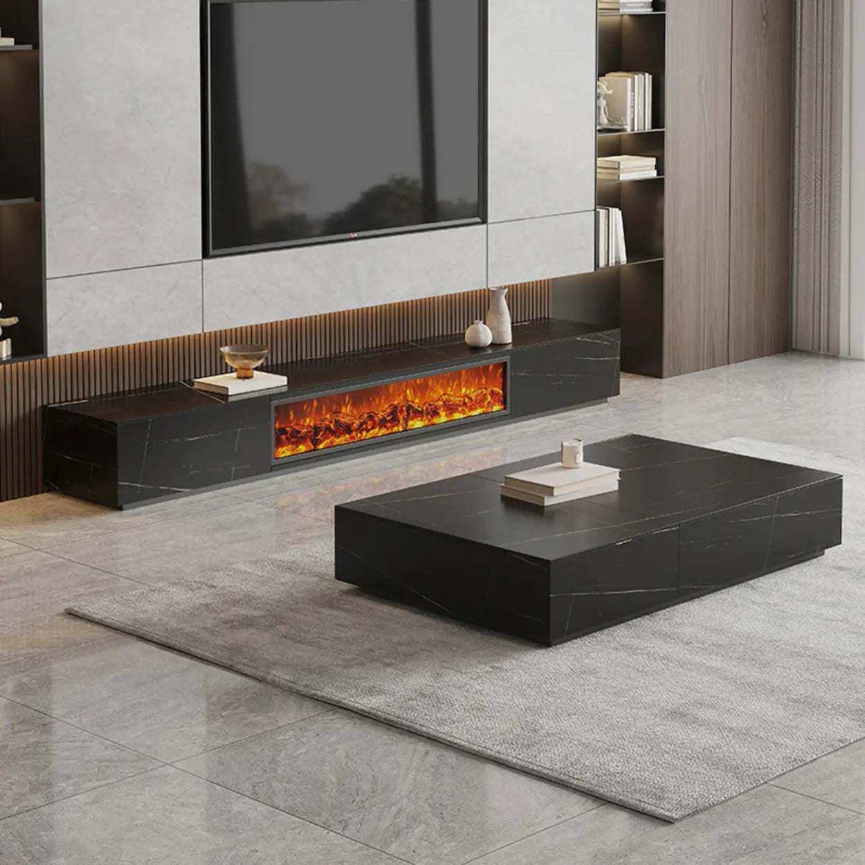 Modern Marble TV Stand Fireplace with Drawers — Black