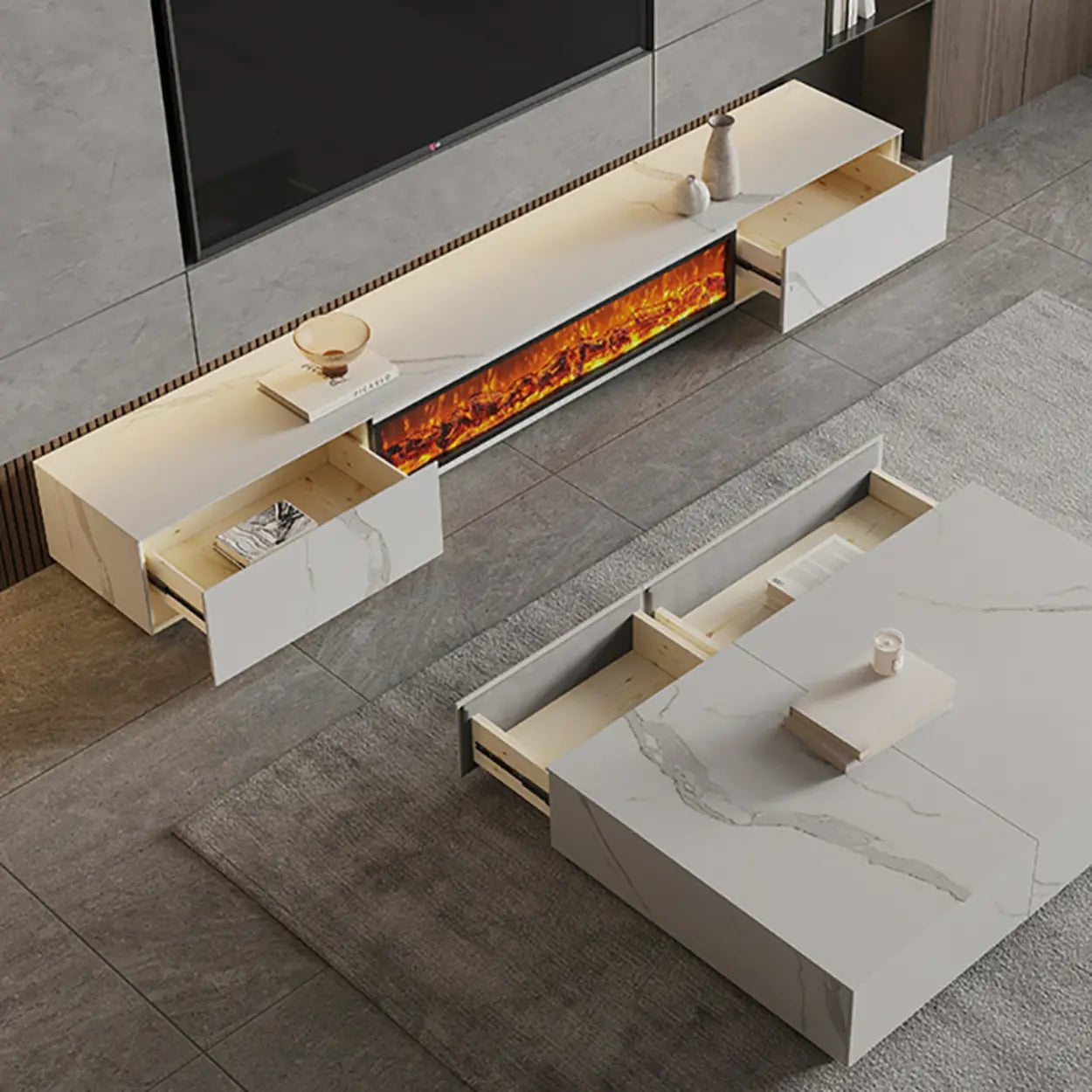 Modern Marble TV Stand Fireplace with Drawers — White