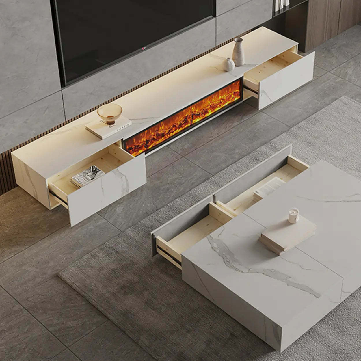 Modern Marble TV Stand Fireplace with Drawers — White